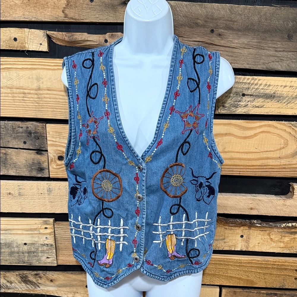 Vintage New Directions Western Themed Embroidered Denim Vest Size Medium